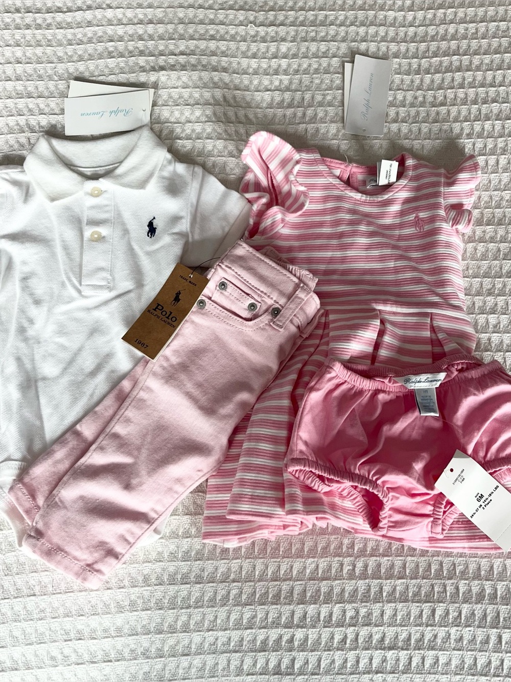Polo by Ralph Lauren White Polo onesie, Pink Dress & Bloomers Set, pink jeans 6M